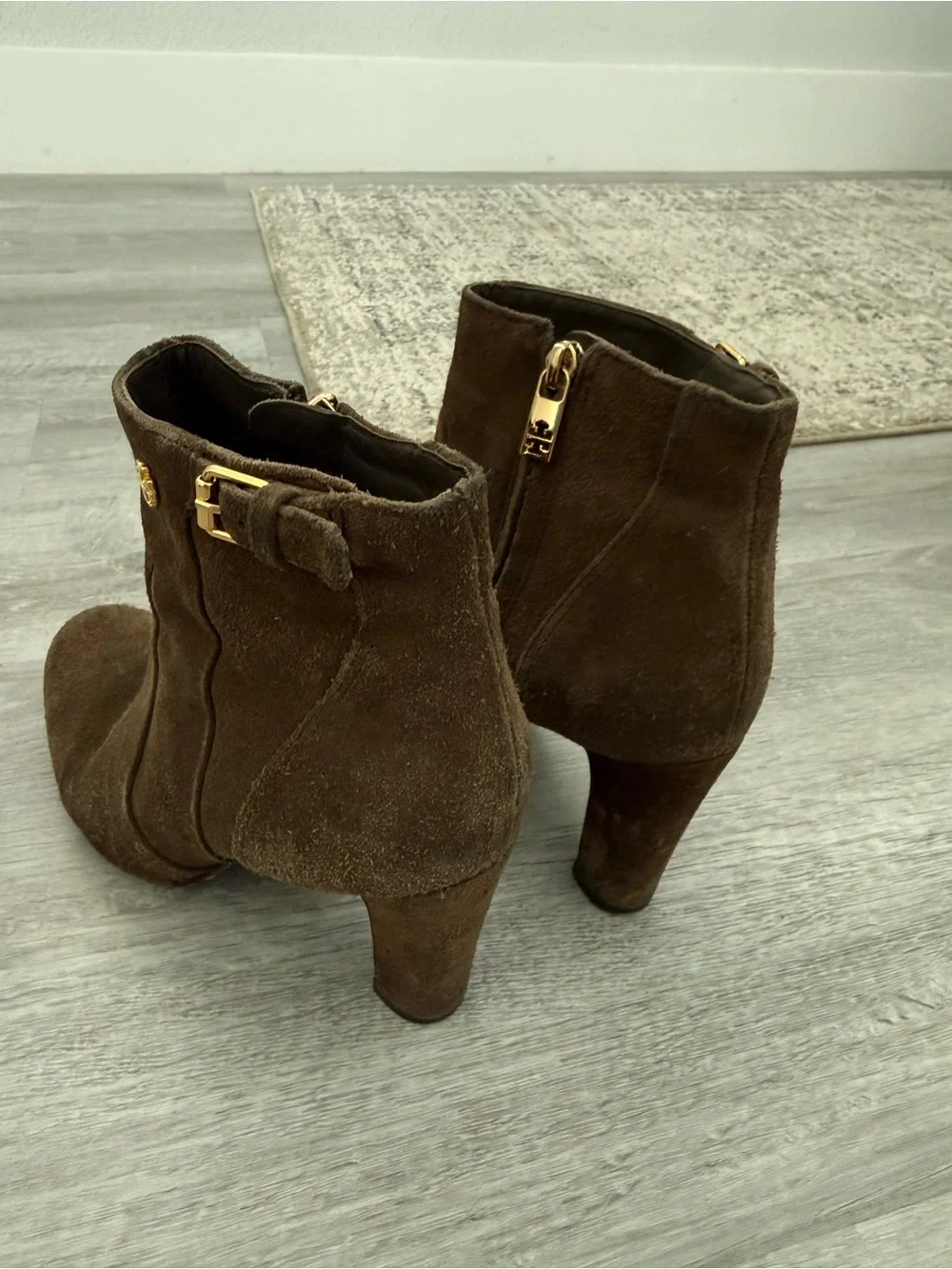 Tory Burch Brown Suede Ankle Booties with Gold Zipper Detail